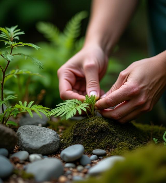 Close-up of a designer's hands carefully placing a native fern next to a textured rock.