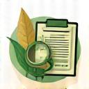 Icon representing a clipboard and a magnifying glass over a leaf.
