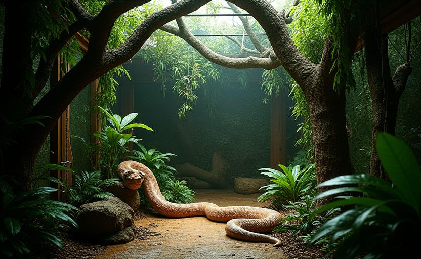 A large, climate-controlled residential enclosure for a python, with naturalistic branches and foliage.