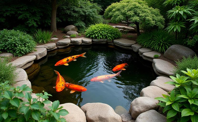 A tranquil backyard koi pond surrounded by lush landscaping and smooth river stones.