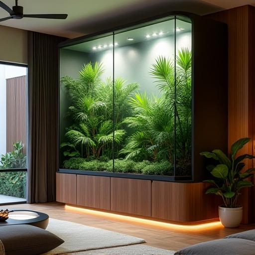 A large, custom-built vivarium set into a wall, housing tropical plants and a misting system.